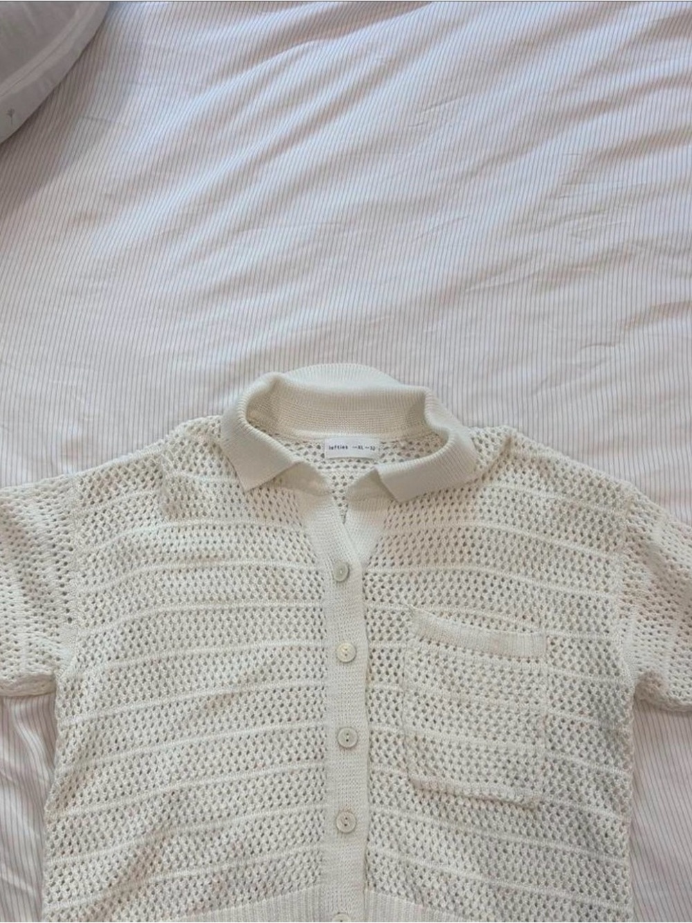 Openwork Knit Button-Down Polo Sweater in Cream